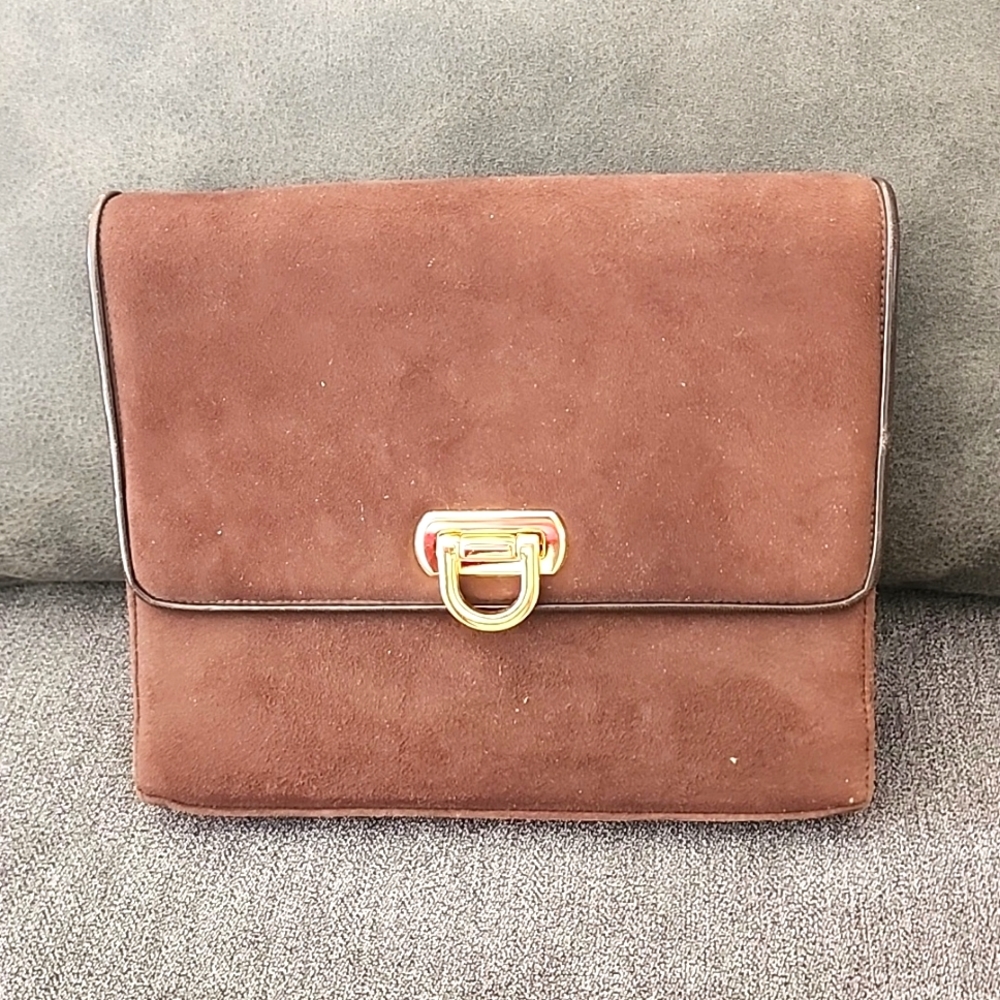 Frenchie of California, Rich brown suede shoulder bag. 8.5"×7.25"